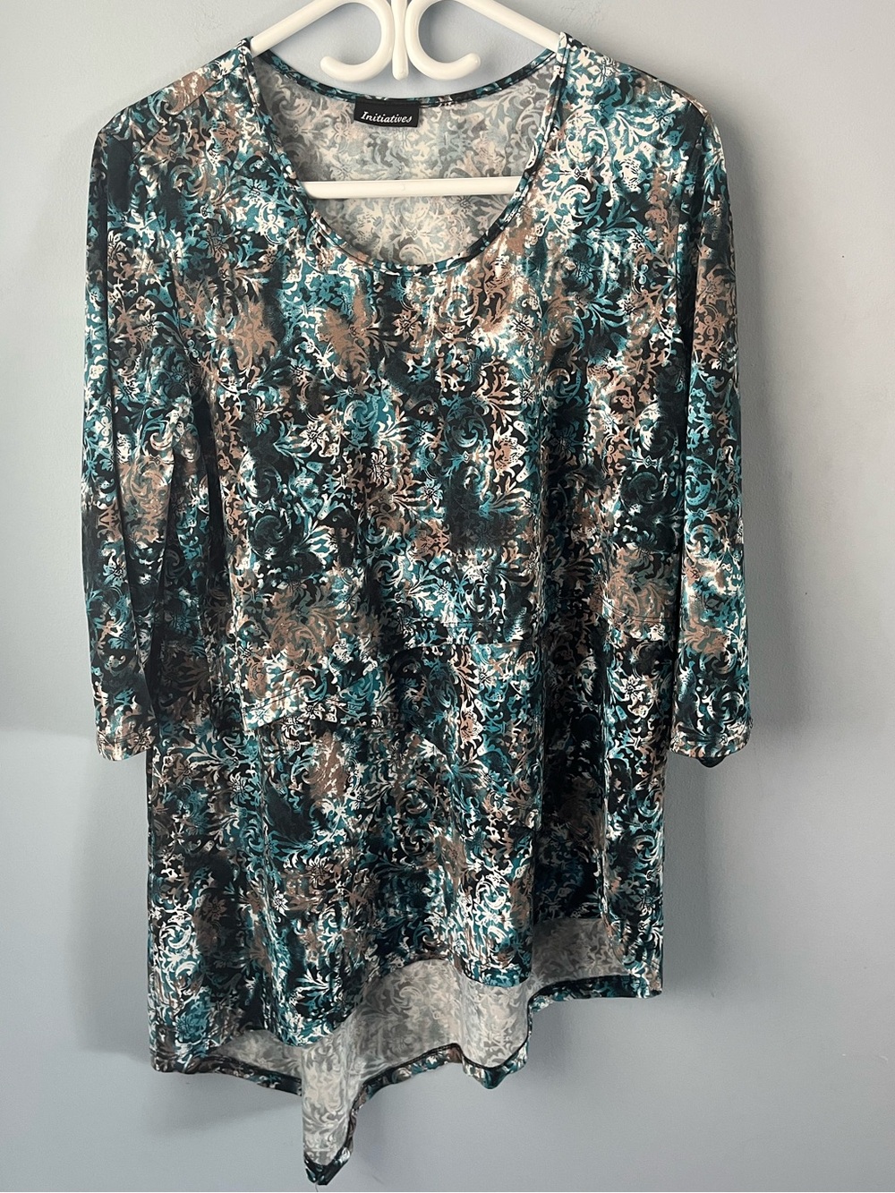 ✨ 3/$30 Initiatives Blue & Brown Asymmetric Tunic 3/4 Sleeve Size L Made Canada